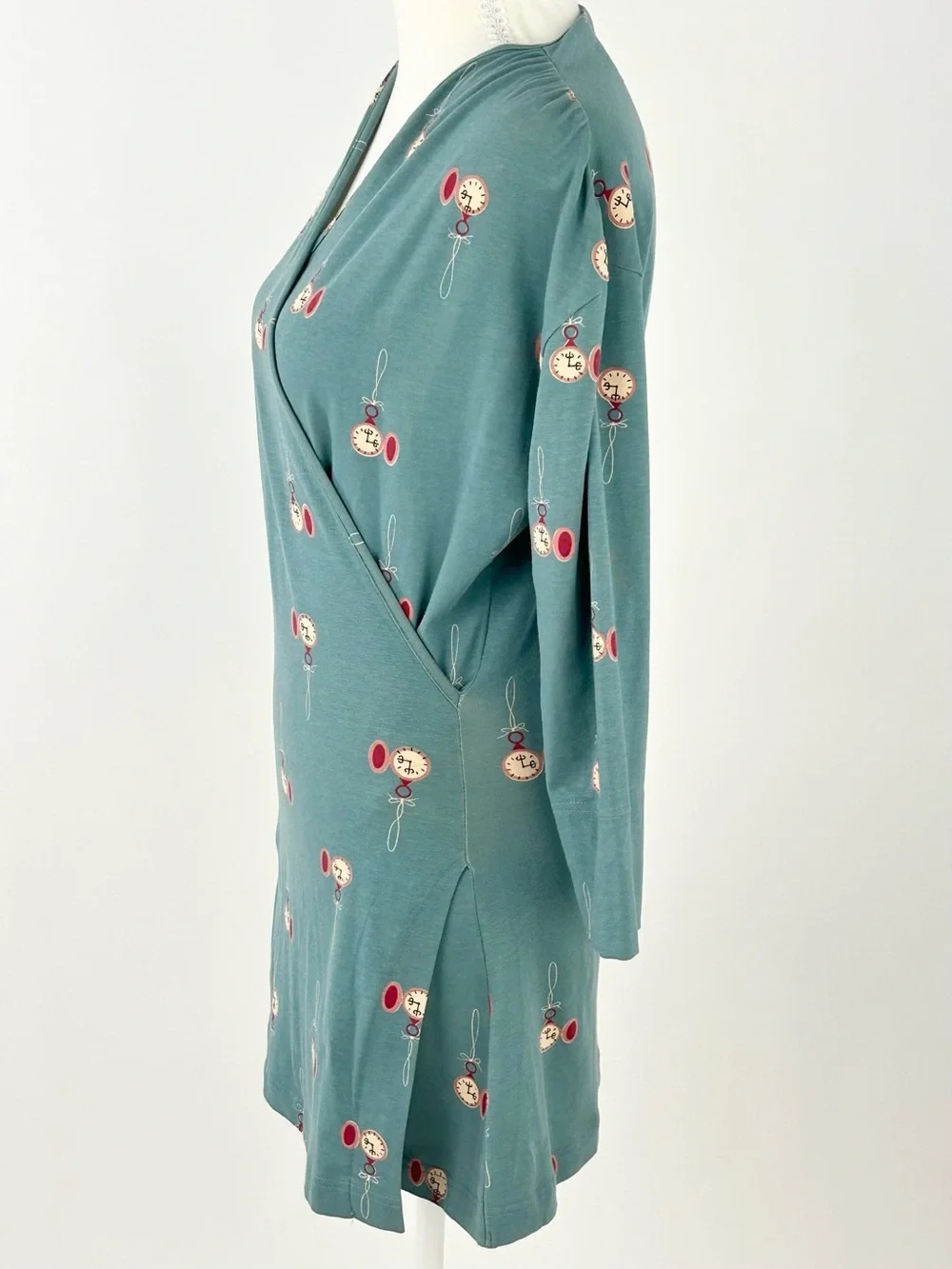 Effie’s Heart Pocket Watch Print Tunic Mini Dress M Teal Retro Cotton Stretch